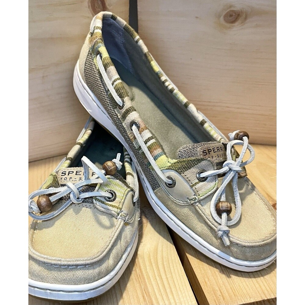 Womens Sz9.5 Sperry Angelfish Boat Shoes Green Tan Multi Stripe Leather Canvas
